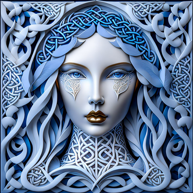 Digital artwork: Woman with blue and white hair in Celtic knot patterns