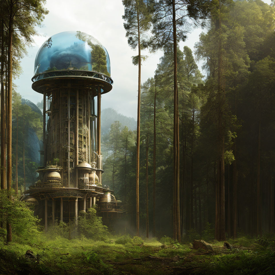 Glass dome top futuristic tower in misty forest