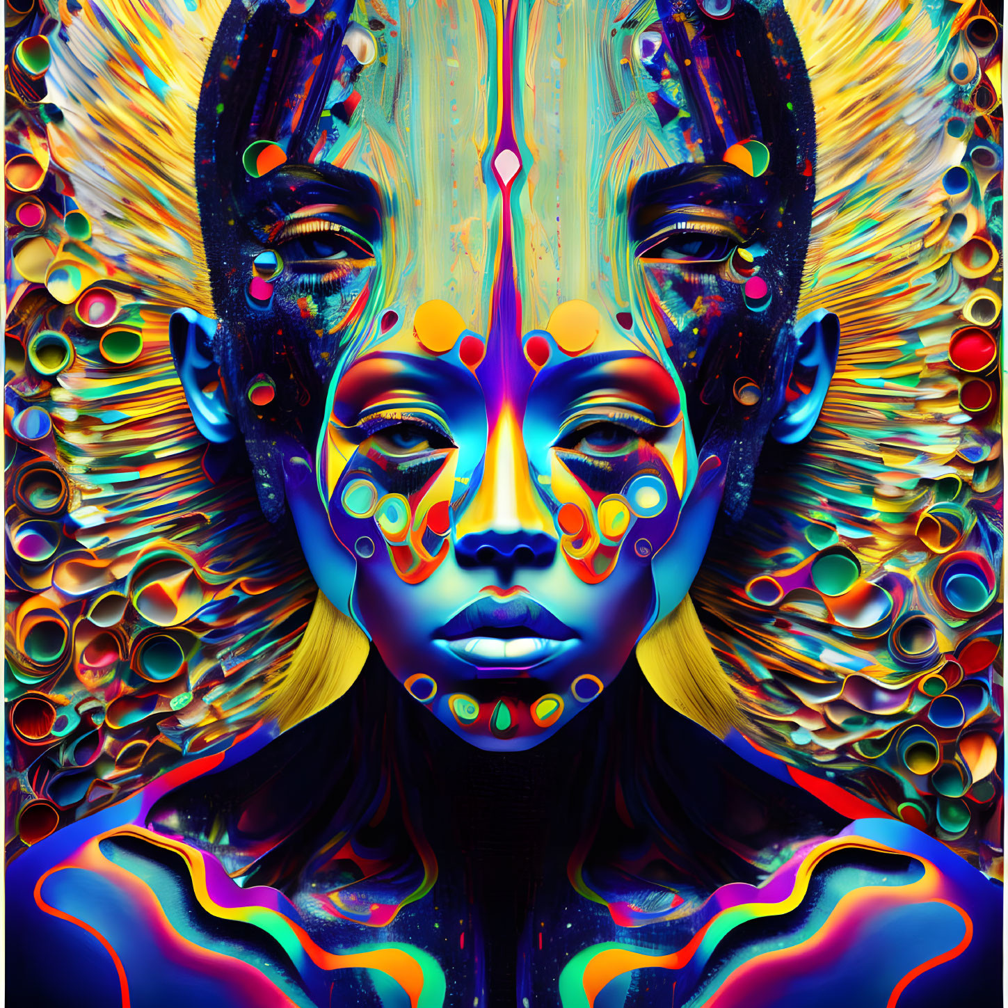 Colorful symmetrical face artwork with psychedelic patterns and swirling backdrop