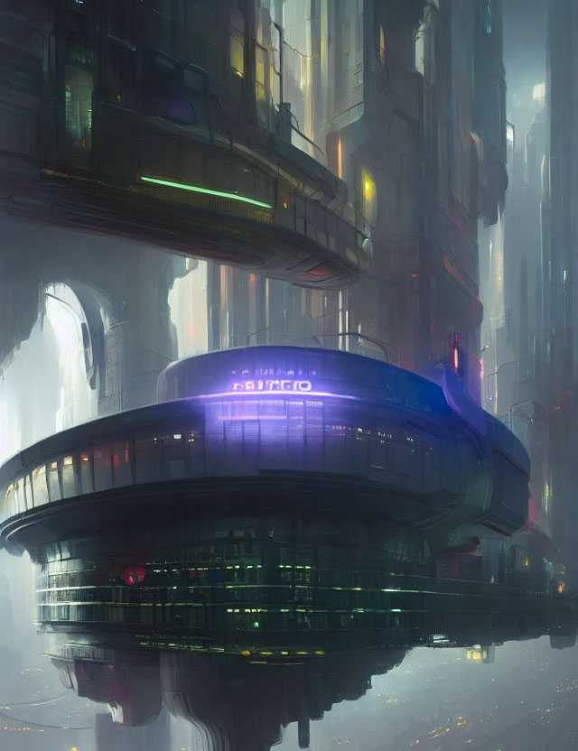 Neon-lit futuristic cityscape with circular structure in foggy urban setting