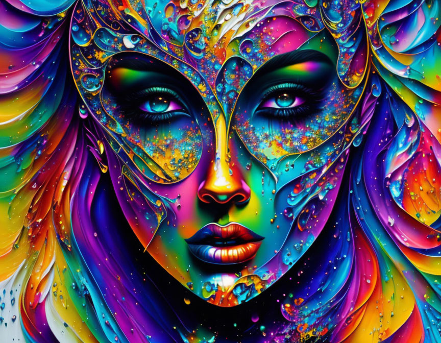 Colorful Digital Artwork of Woman's Face with Psychedelic Patterns