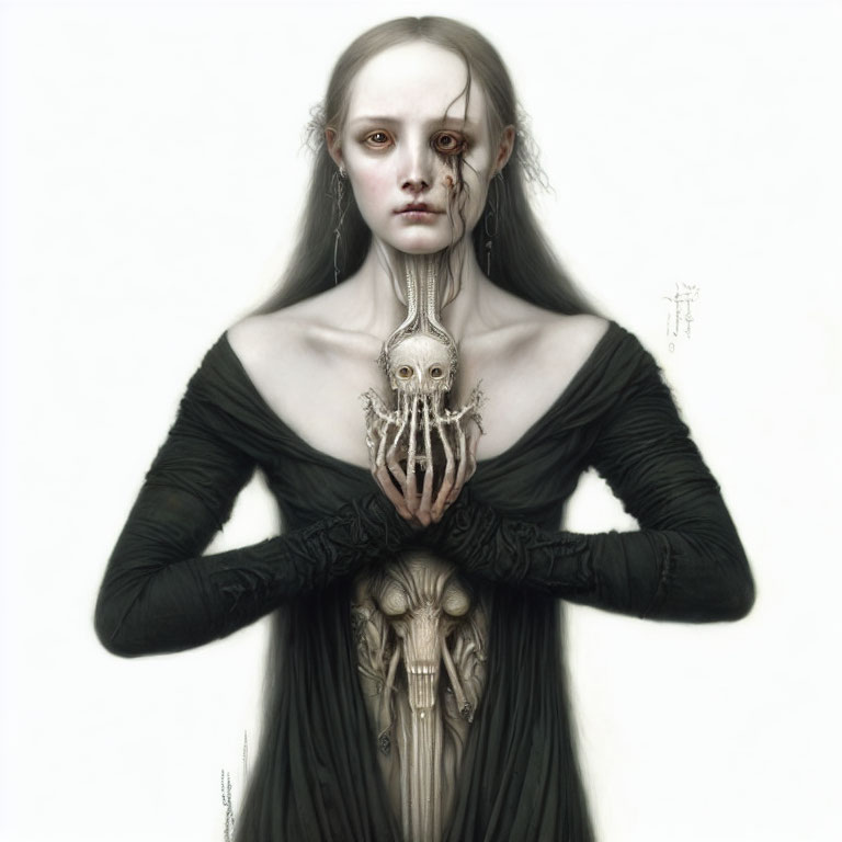 Pale Woman in Black Dress with Eerie Octopus Chest Anatomy