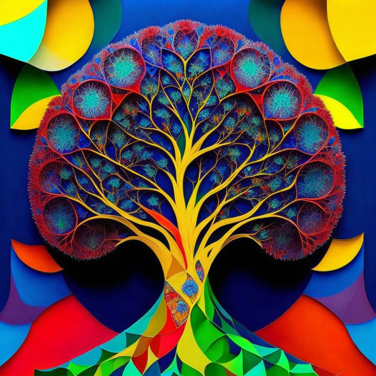 Colorful Stylized Tree Artwork with Fractal Patterns and Geometric Background