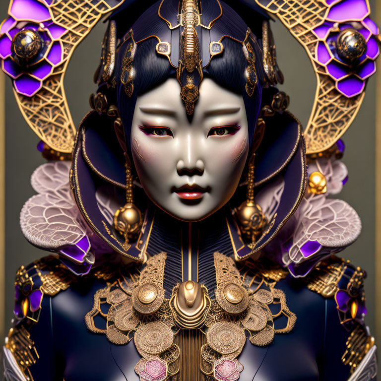 Digital art: Female figure with gold and purple regal headgear on dark backdrop