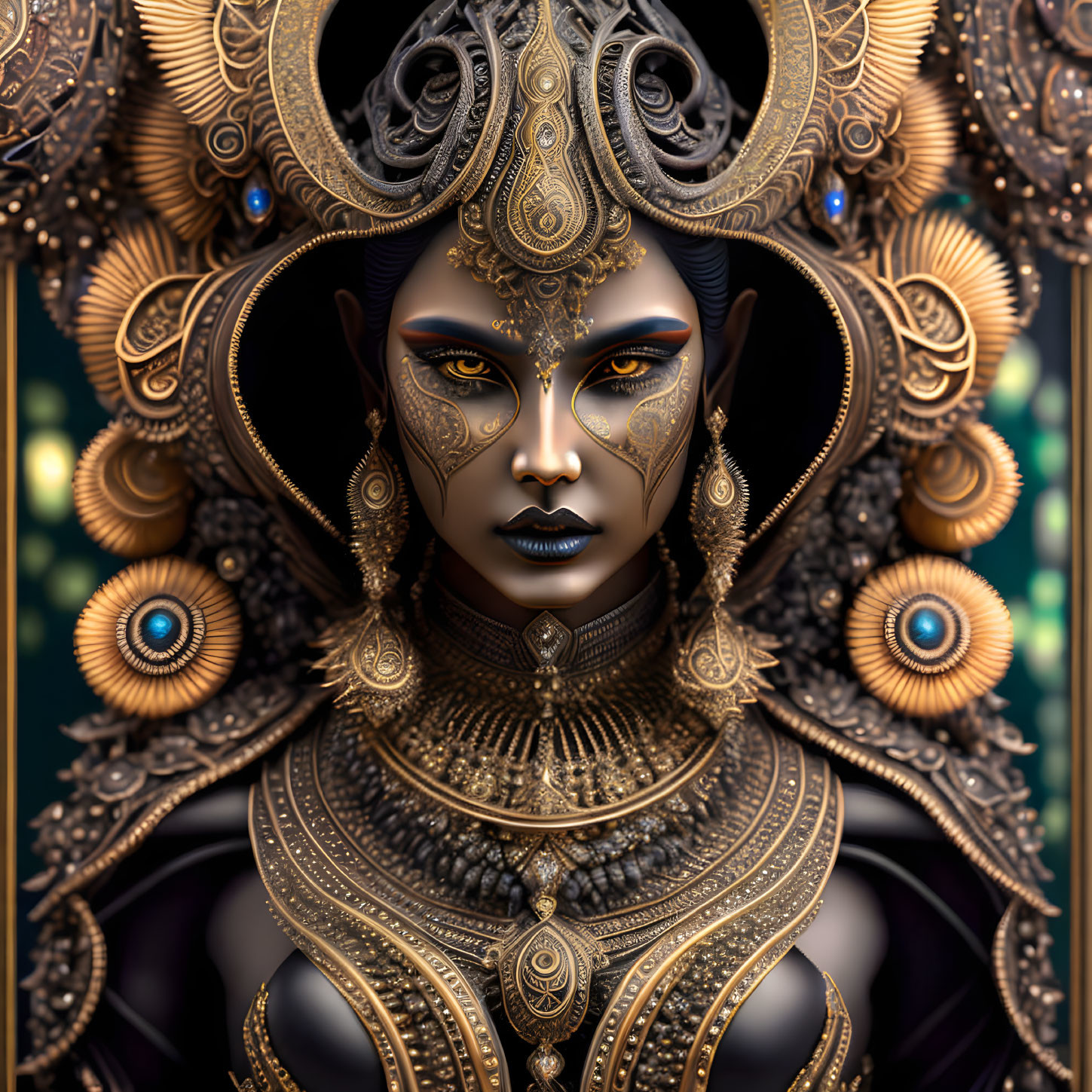 Detailed digital artwork: Woman in ornate gold headgear and armor, with filigree and gem