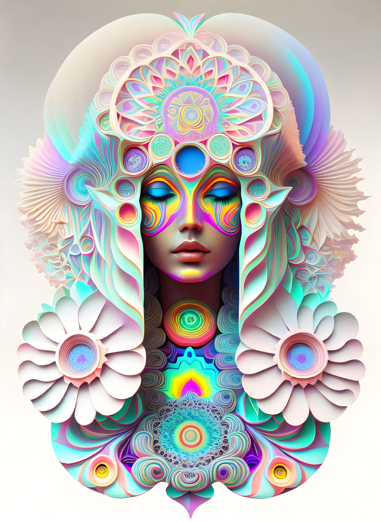 Colorful Psychedelic Woman's Face with Floral and Geometric Patterns