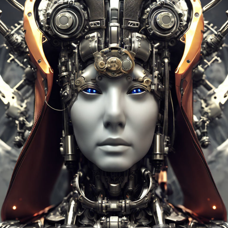 Futuristic humanoid robot with blue eyes and intricate mechanical parts