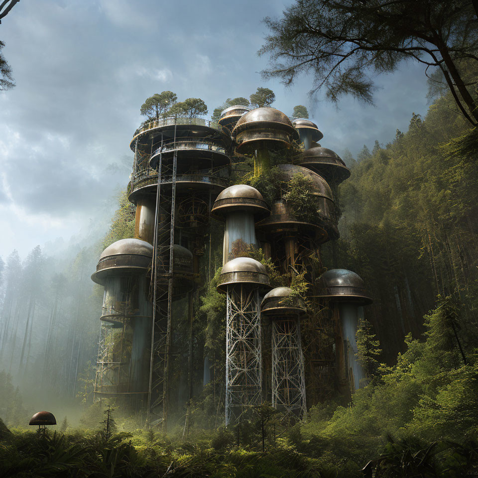 Misty forest with futuristic treehouse structures