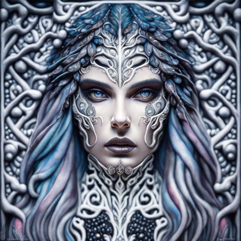 Portrait of woman with silver headpiece, tattoos, blue eyes, and pale hair with blue tints