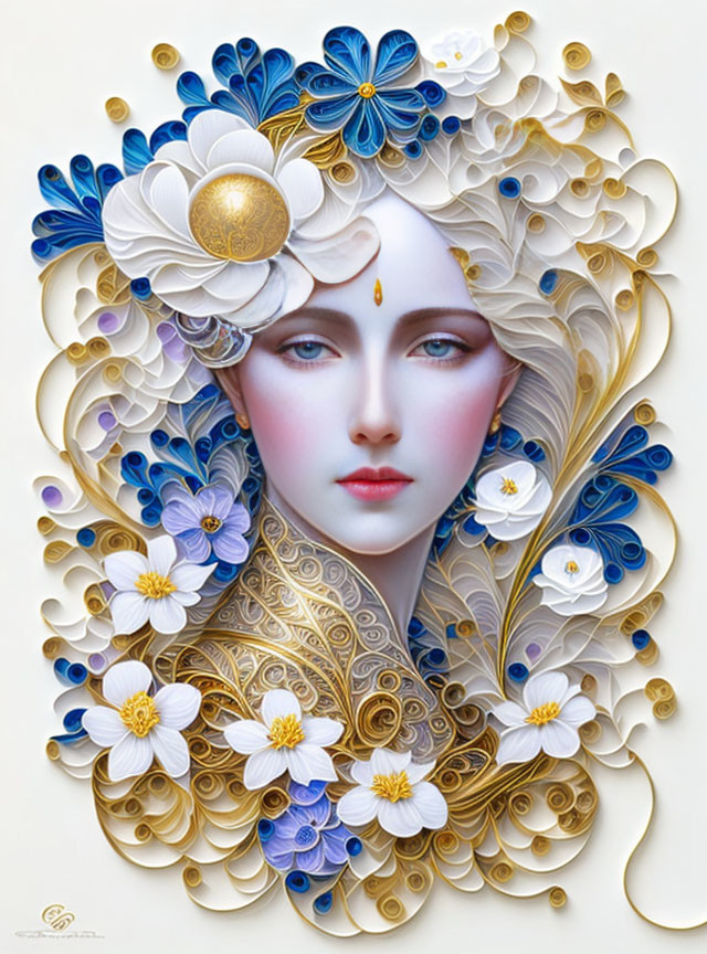 Stylized female face with flowing hair and floral elements in intricate gold patterns