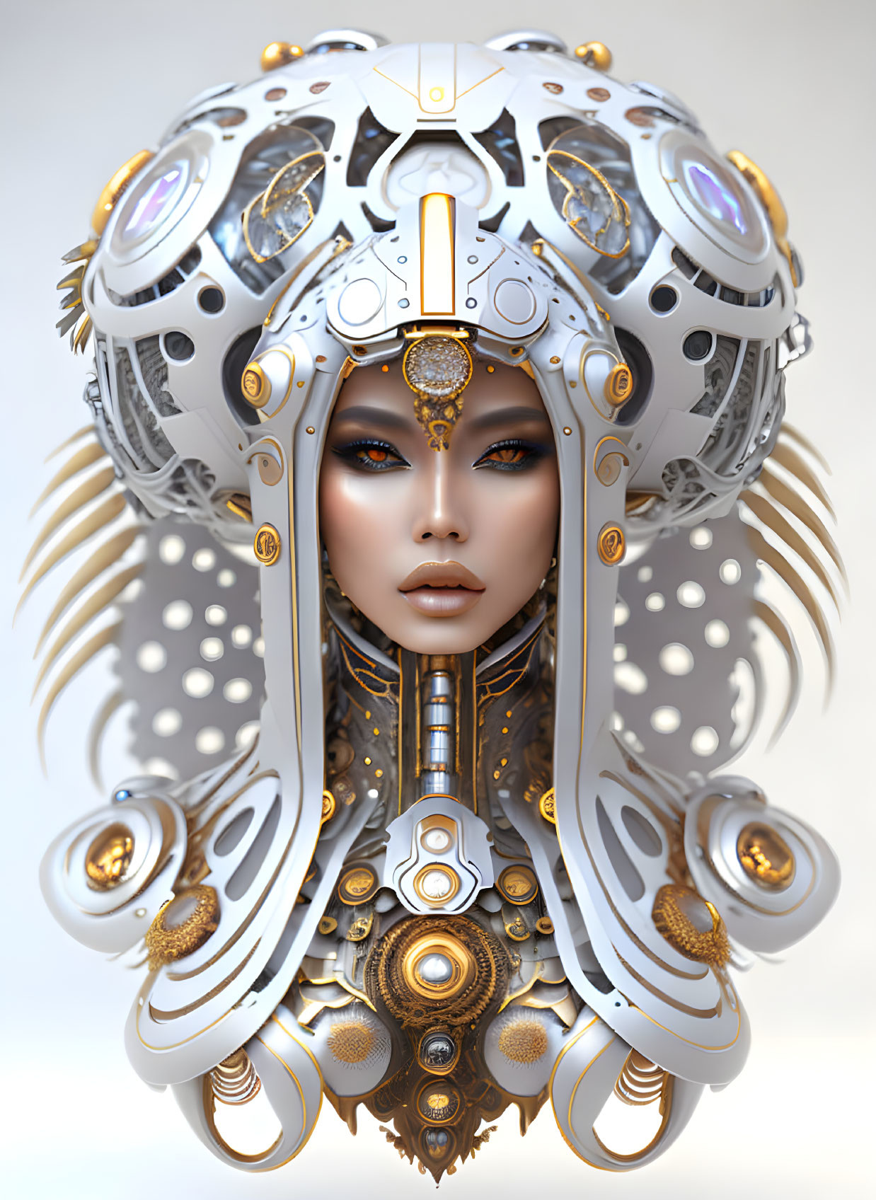 Detailed Female Robot with White and Gold Feather-Like Headgear