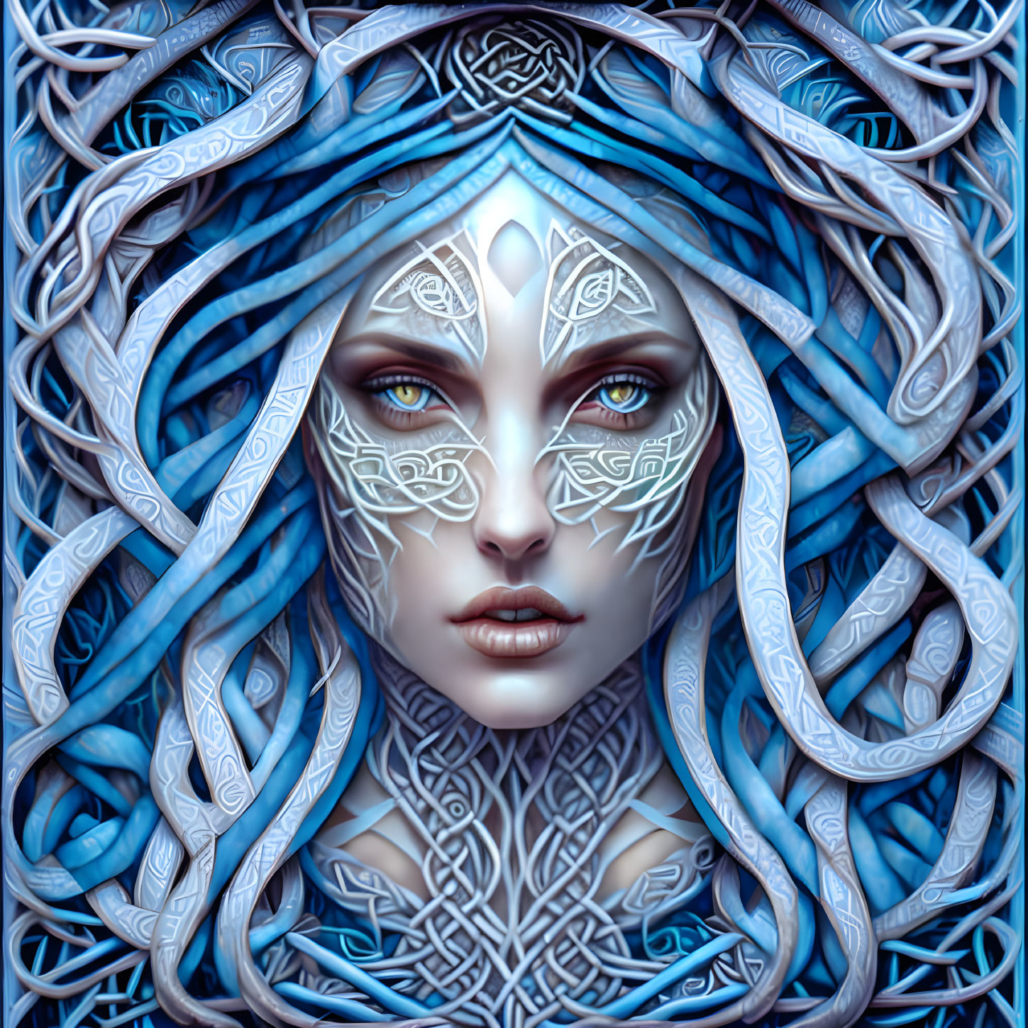 Intricate white tattoos on a woman with blue braided hair in digital art