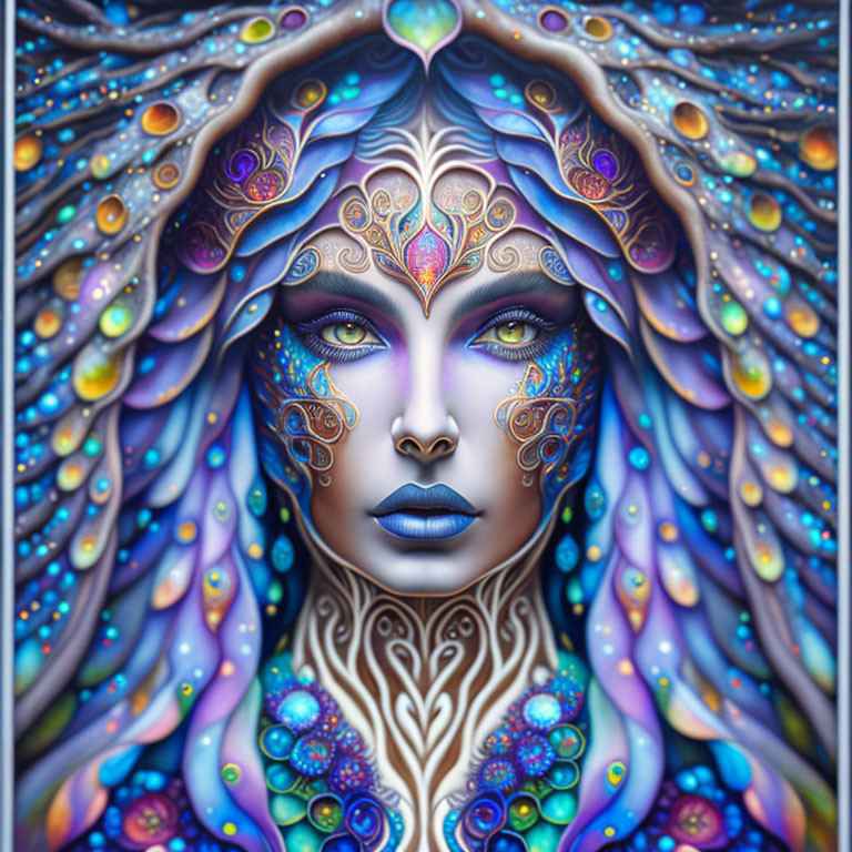 Colorful digital artwork: Woman with intricate patterns and mystical symbols on face, surrounded by flowing, mult