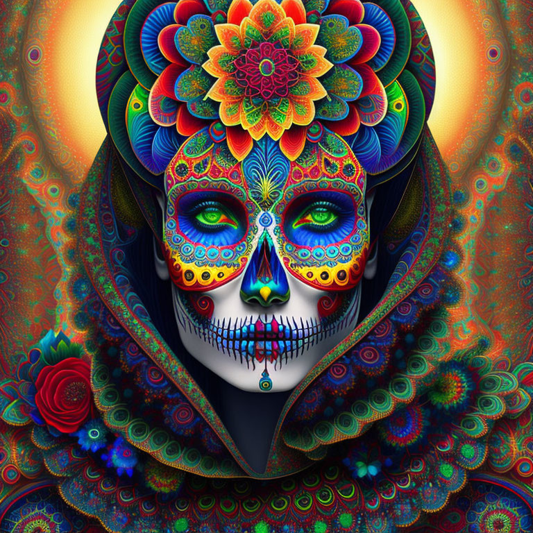 Colorful Day of the Dead skull surrounded by floral and fractal designs