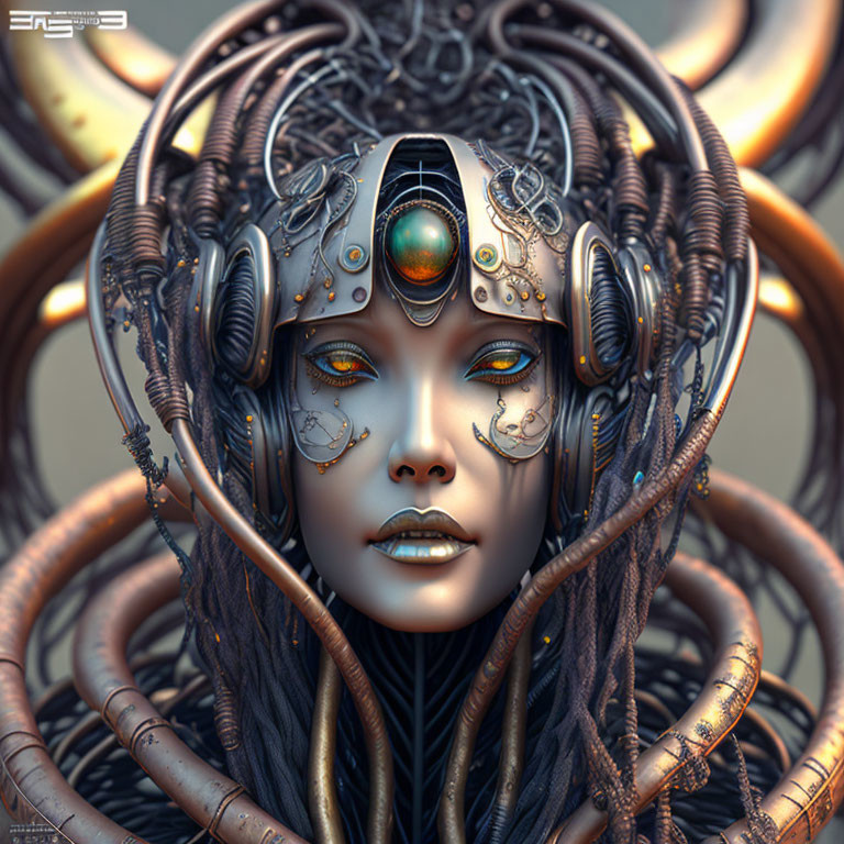 Digital Artwork: Female Figure with Sci-Fi Headdress in Earthy Tones