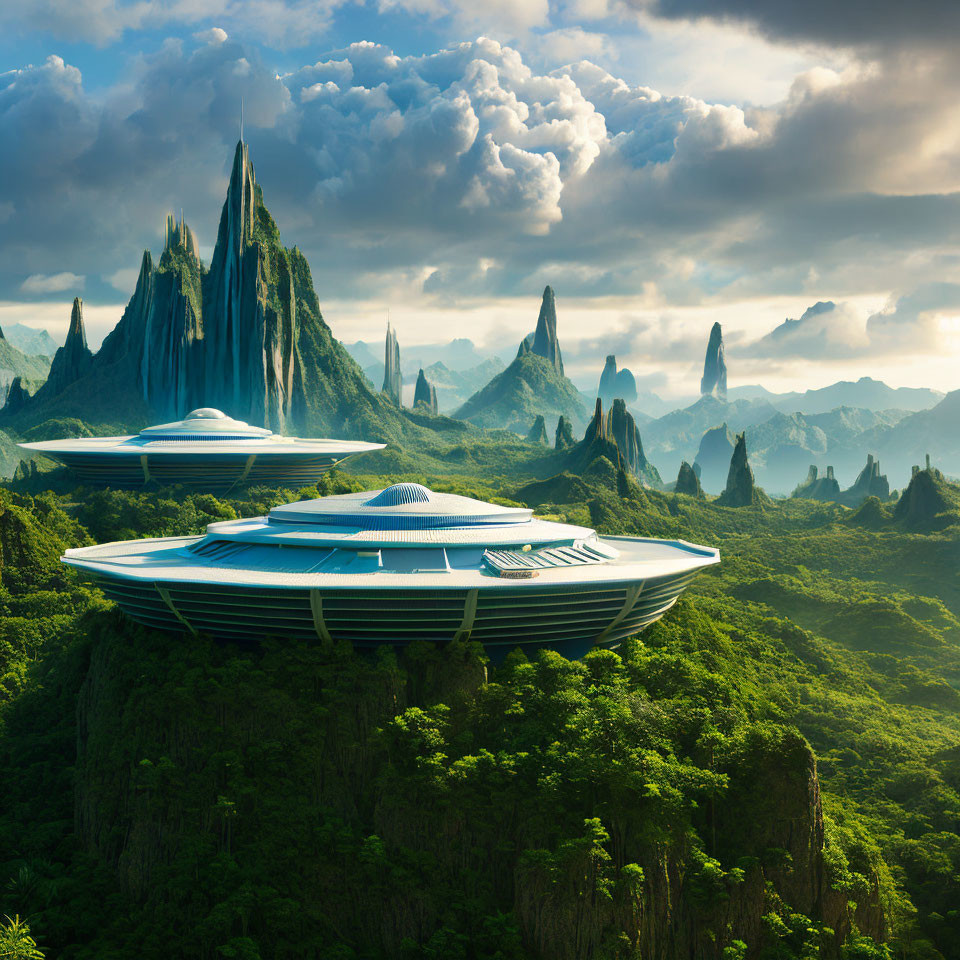 Futuristic saucer-like buildings on green cliffs under dramatic sky