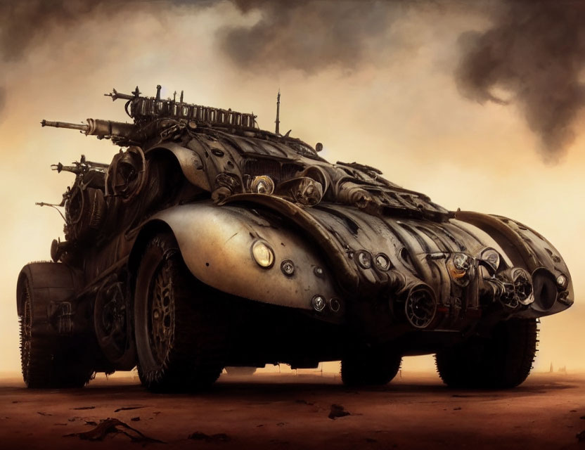 Armored vehicle with spikes in desolate sandy landscape