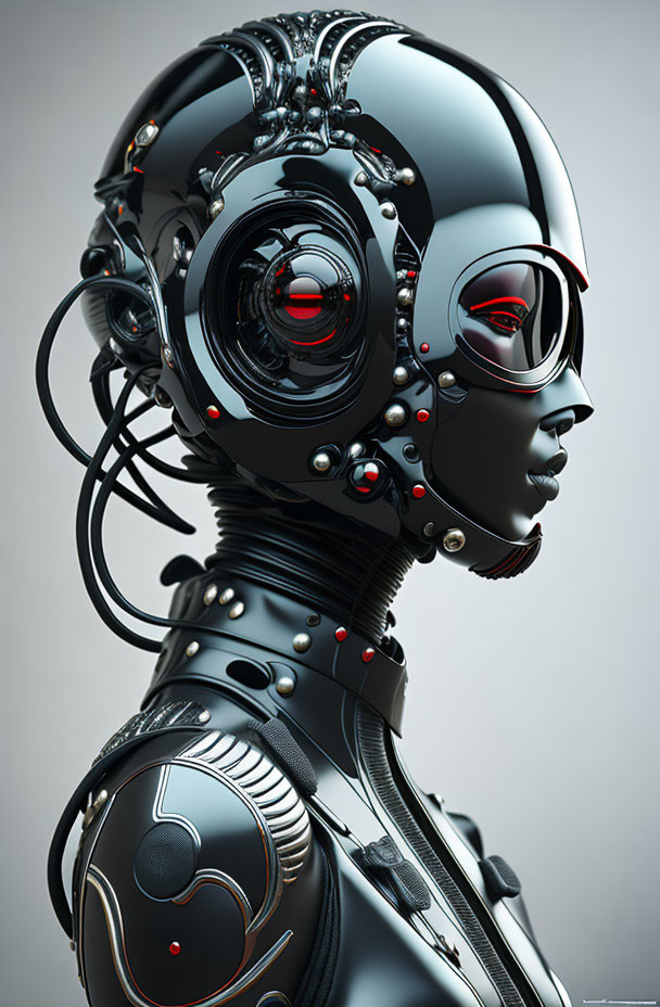 Detailed portrait of sleek black and silver female humanoid robot with intricate mechanical details and red accents.