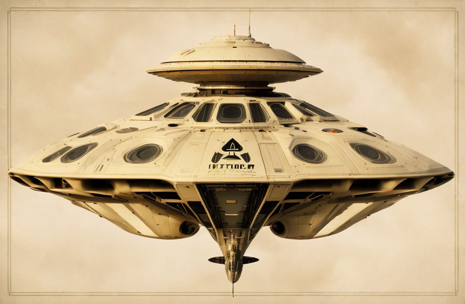 Sepia-Toned Sci-Fi Spaceship with Circular Windows and Warning Symbols