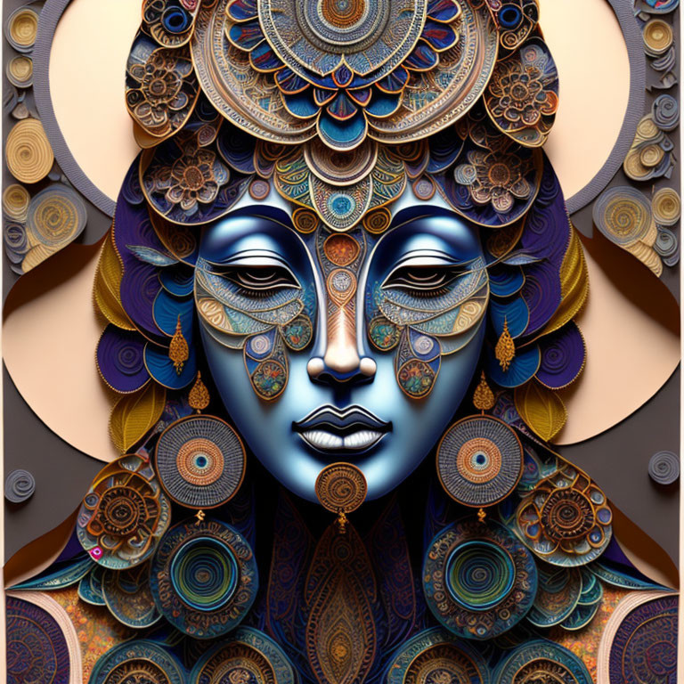 Ornate image of figure with blue skin in intricate golden patterns