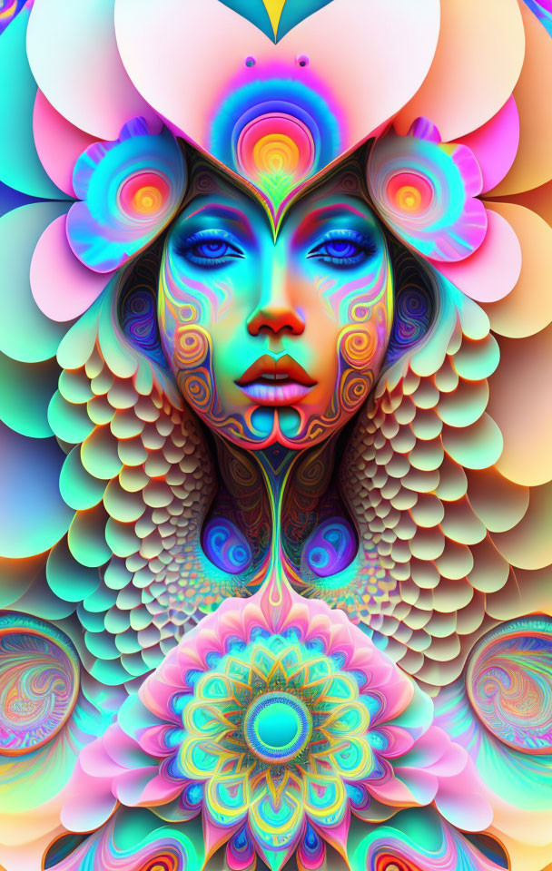 Symmetrical Abstract Female Face with Colorful Floral Patterns