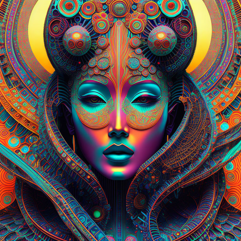 Colorful Digital Art of Woman with Ornate Headdress & Psychedelic Patterns