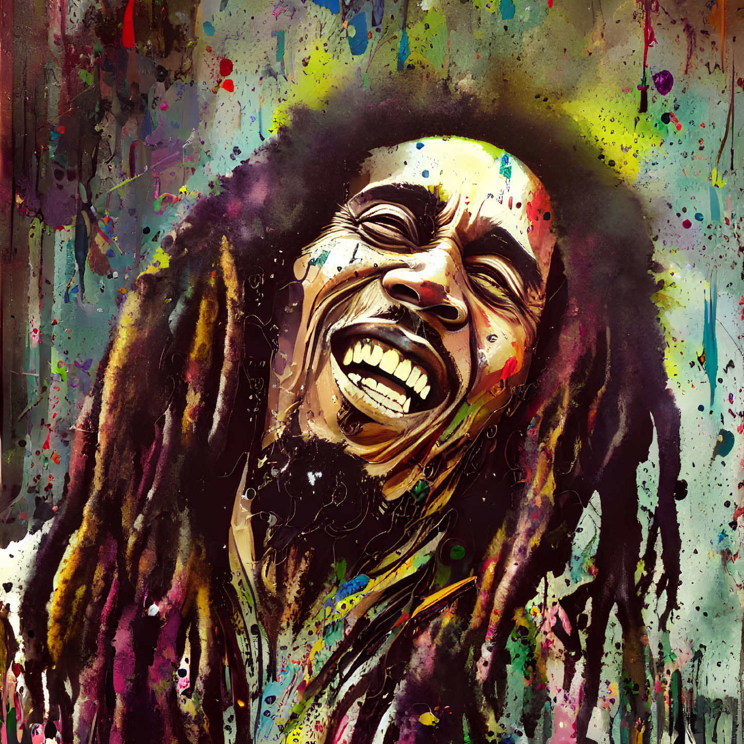 Colorful artwork of person with dreadlocks in expressive paint splatter backdrop