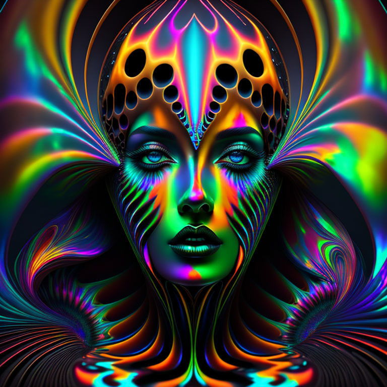 Colorful digital art: stylized woman with intricate patterns & butterfly headdress