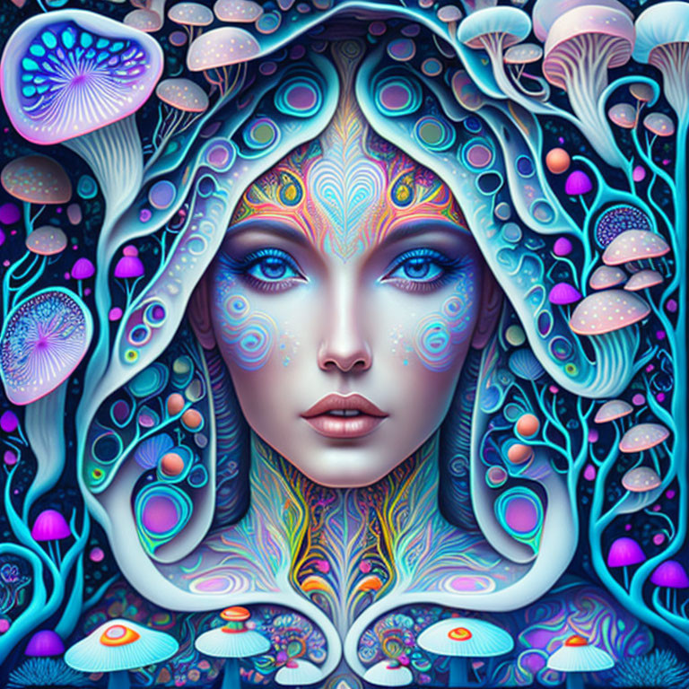 Colorful psychedelic woman's face surrounded by mushrooms and feathers