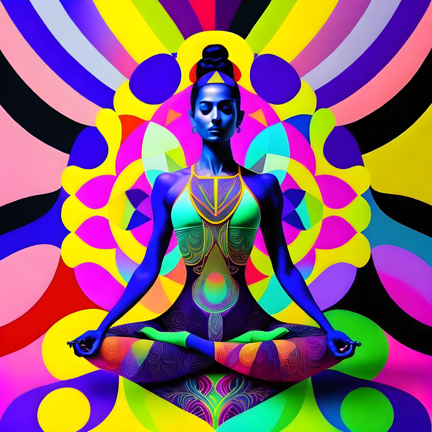 Colorful digital artwork: Woman in meditative pose with psychedelic patterns and radiant circles