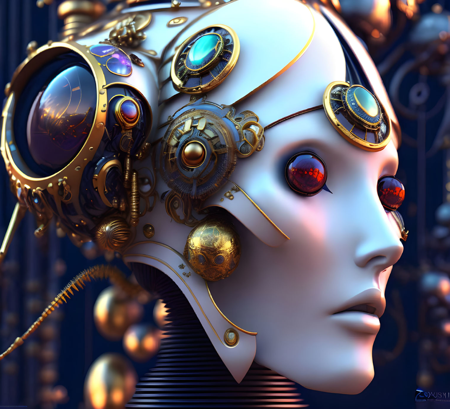 Detailed humanoid robot with golden mechanical parts and red eyes on blue background