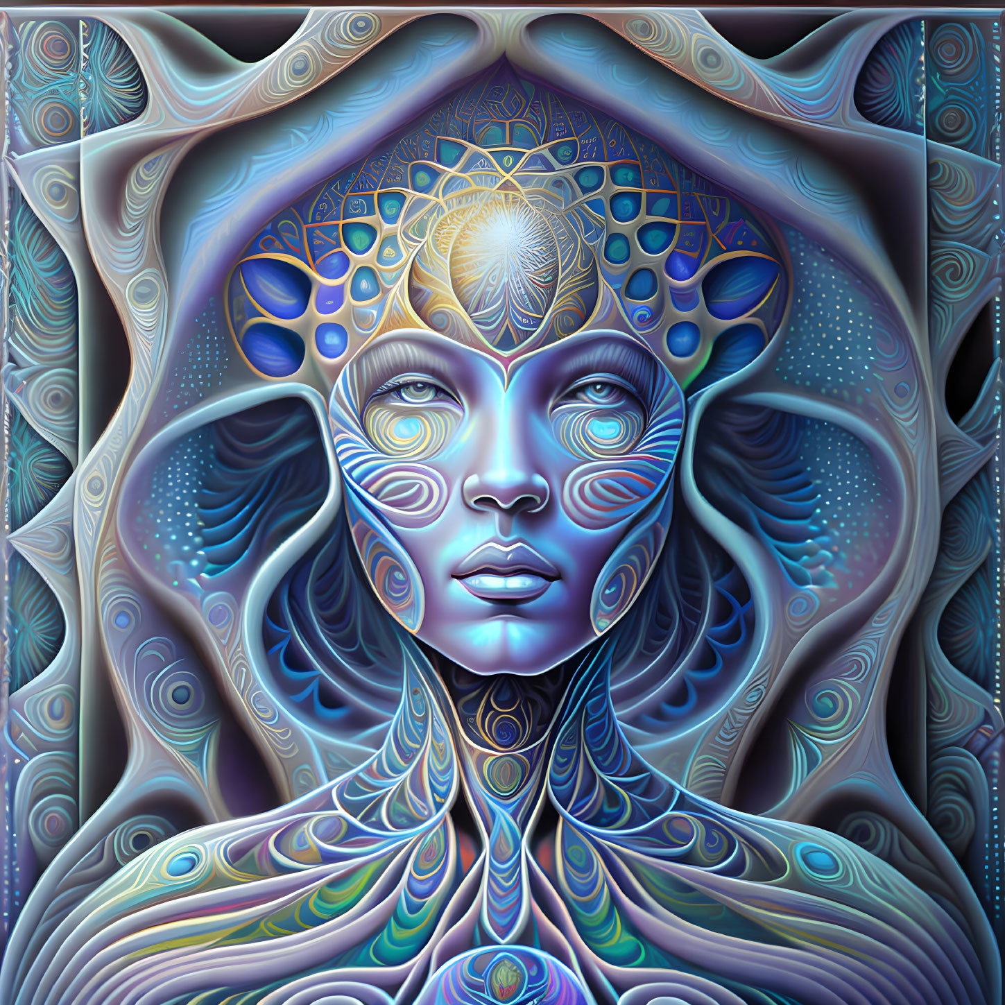 Blue-skinned woman with intricate patterns and peacock feather motifs in surreal digital painting