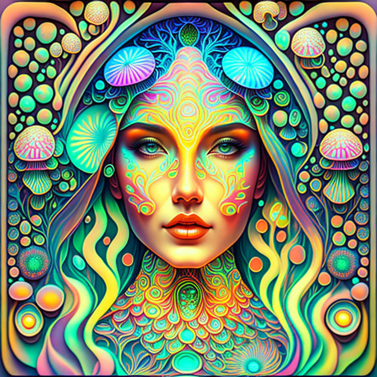 Colorful Digital Art: Woman's Face with Psychedelic Patterns and Elements