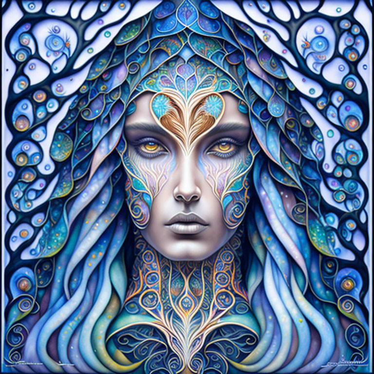 Symmetrical peacock-inspired artwork with female figure and jewel tones