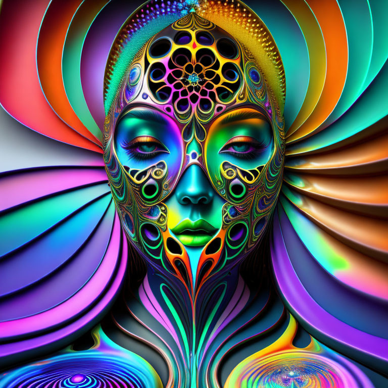 Colorful digital art featuring intricate patterns on a face amidst swirling shapes.