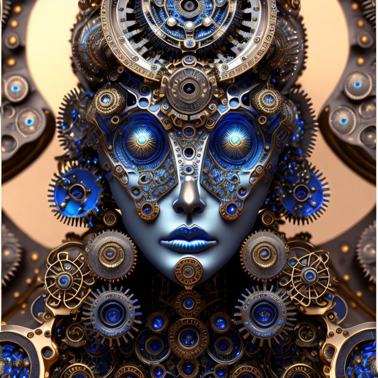 Futuristic face with clockwork and blue eyes in golden gears