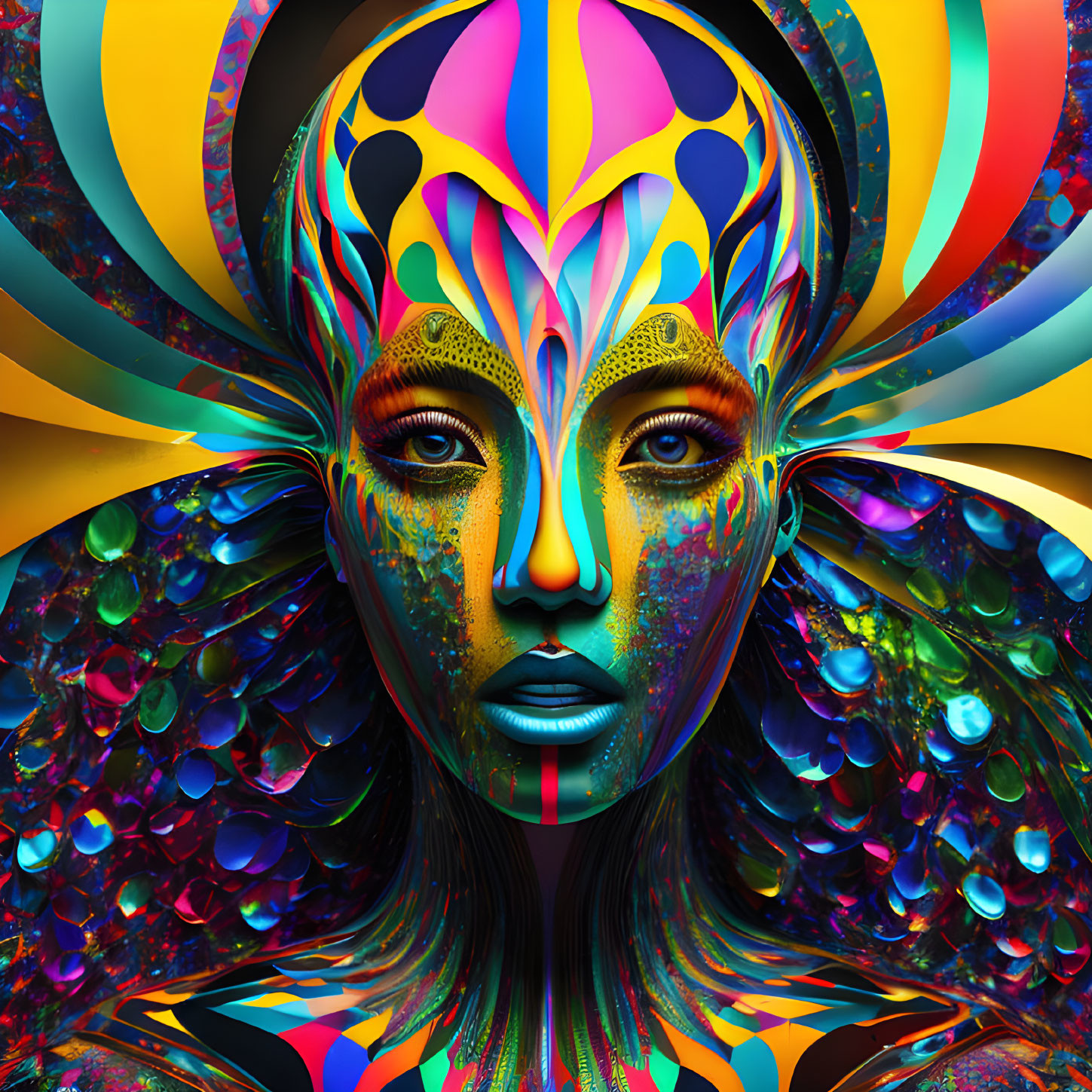 Colorful digital artwork: Woman's face with psychedelic patterns & abstract shapes