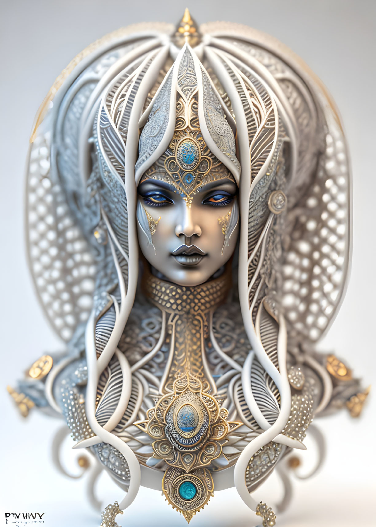 Digital artwork: Figure with ornate headdress and blue skin