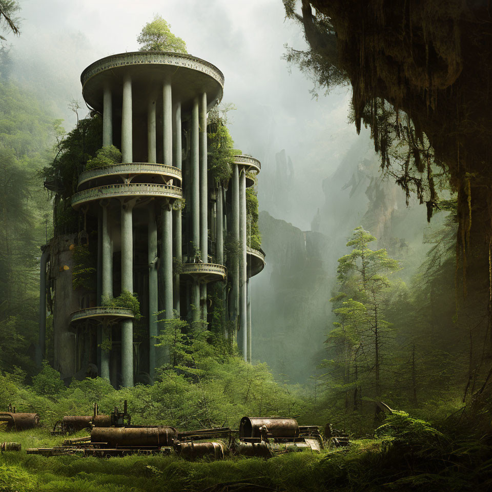 Misty forest scene with ancient pillars and decrepit vehicles