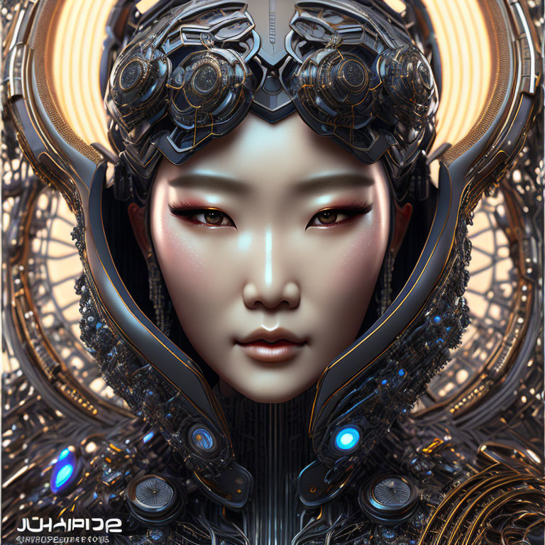 Detailed digital portrait of woman with futuristic cybernetic enhancements and ornate headgear