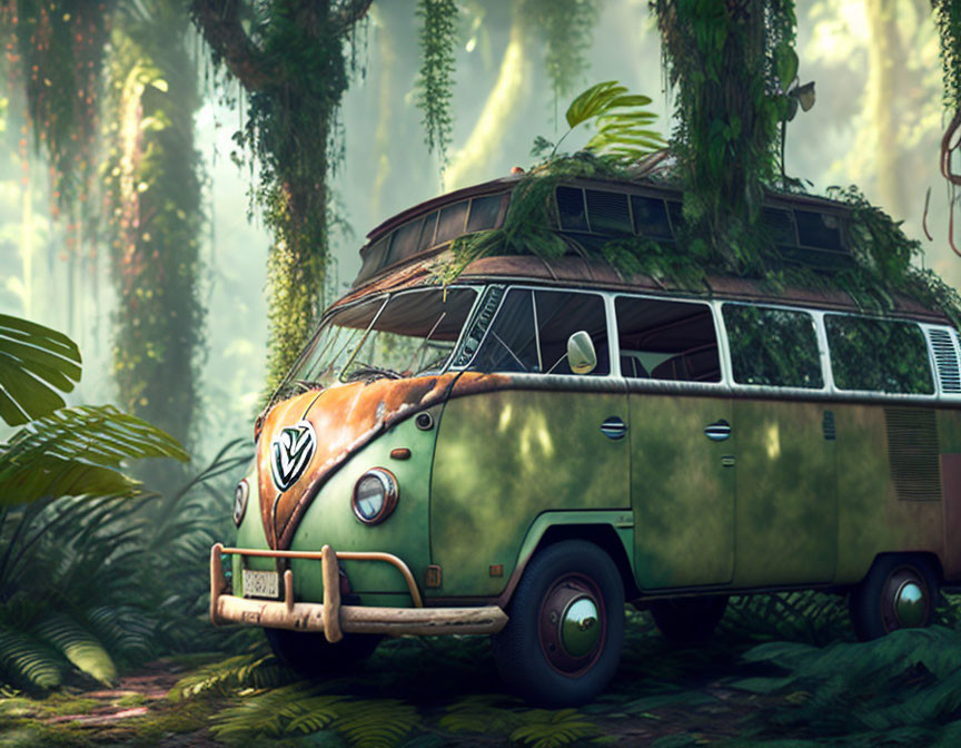 Classic Van Parked in Sunlit Forest Clearing