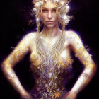 Elaborate fantasy costume with golden armor on dark purple background