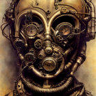 Futuristic digital artwork of female figure with golden headgear and mechanical details