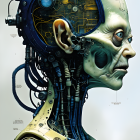 Detailed blue and gold futuristic robot head with exposed gears and wires