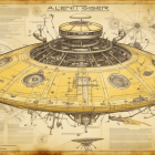 Detailed sepia-toned model of a circular sci-fi spaceship with intricate layers and textures.