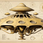 Sepia-Toned Sci-Fi Spaceship with Circular Windows and Warning Symbols