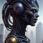 Detailed humanoid robot portrait with glossy helmet and intricate machinery against futuristic cityscape