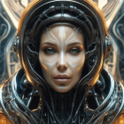 Detailed Close-Up of Female Figure with Futuristic Headgear and Ornate Backdrop