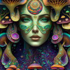 Colorful portrait of a woman with psychedelic patterns and abstract motifs