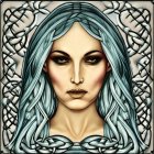 Detailed illustration: Woman with mystical tattoos, blue eyes, Celtic knots, and stylized hair.